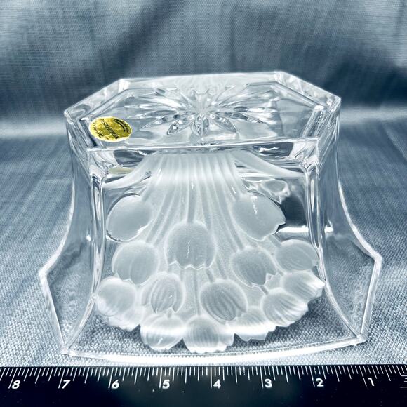 Bowl Vase Lead Crystal Frosted Tulips Art Glass Boho Clear Home Decor VTG Glam - Picture 4 of 11